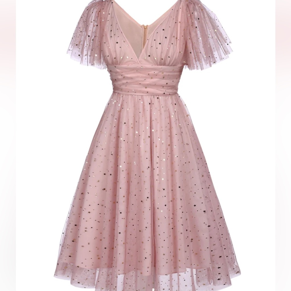 Retro Stage PINK 1950S STAR SEQUIN LACE SWING DRESS